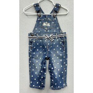 Oshkosh B’gosh Toddler Girls Blue Jean Bib Overalls 6m White Polka-Dots Belted